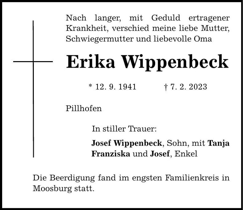 Traueranzeige Erika Wippenbeck