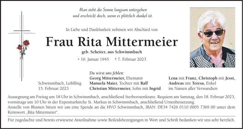 Traueranzeige Rita Mittermeier
