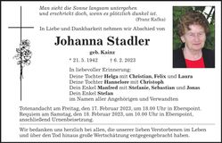 Traueranzeige Johanna Stadler