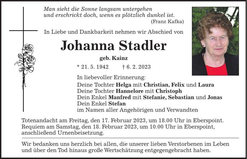 Traueranzeige Johanna Stadler