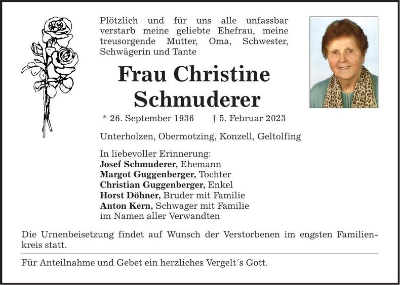 Traueranzeige Christine Schmuderer