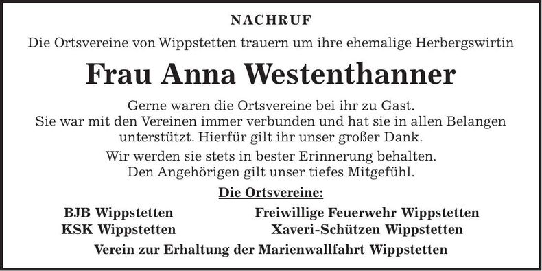 Traueranzeige Anna Westenthanner