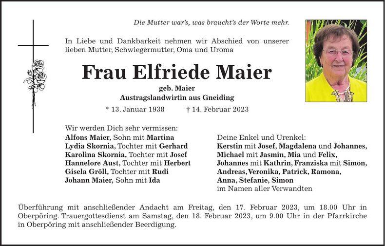 Traueranzeige Elfriede Maier