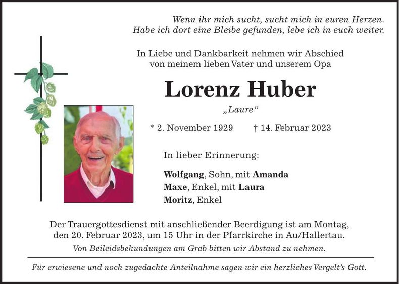 Traueranzeige Lorenz Huber