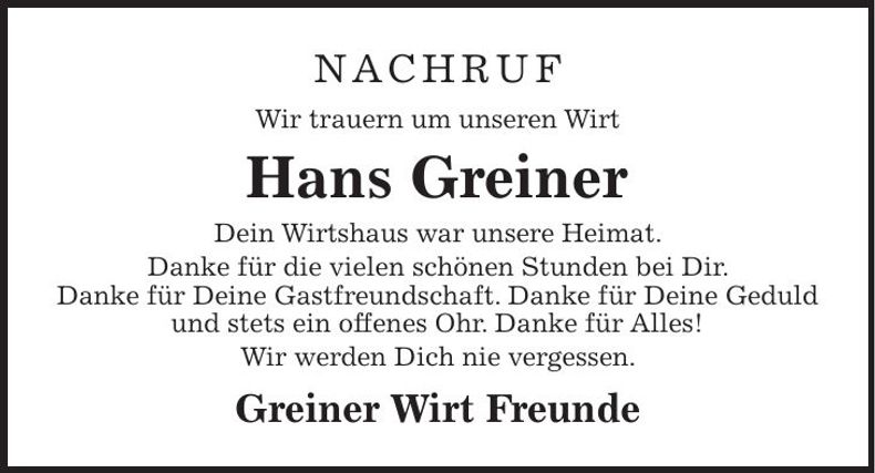 Traueranzeige Johann Greiner