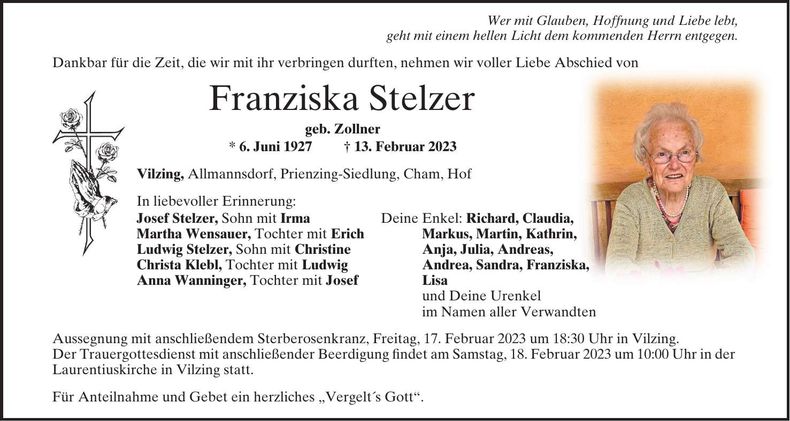 Traueranzeige Franziska Stelzer