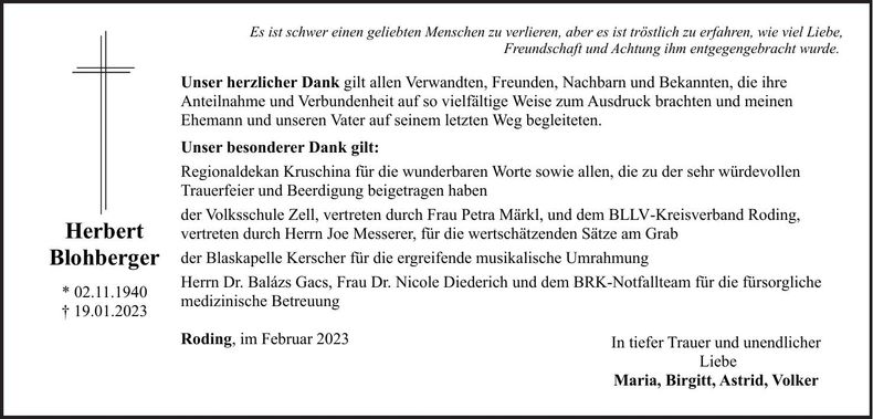 Traueranzeige Herbert Blohberger