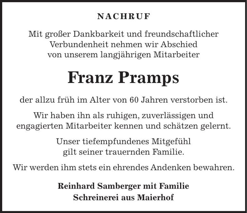 Traueranzeige Franz Pramps