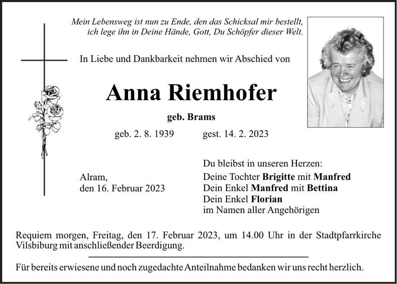 Traueranzeige Anna Riemhofer