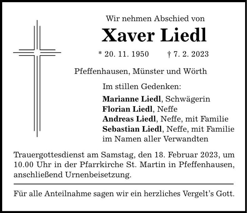 Traueranzeige Xaver Liedl