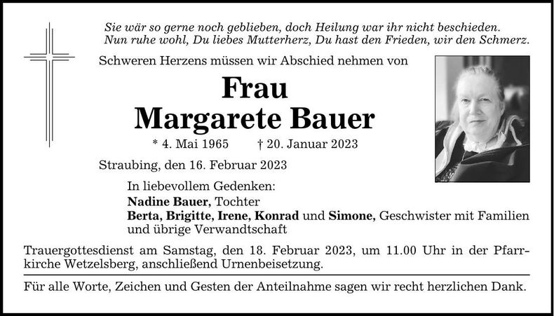 Traueranzeige Margarete Bauer