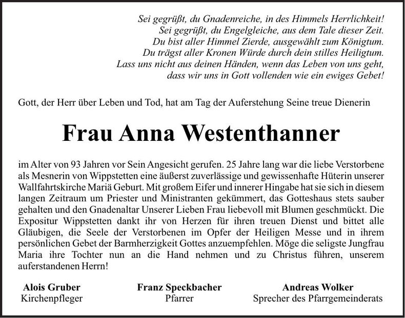 Traueranzeige Anna Westenthanner