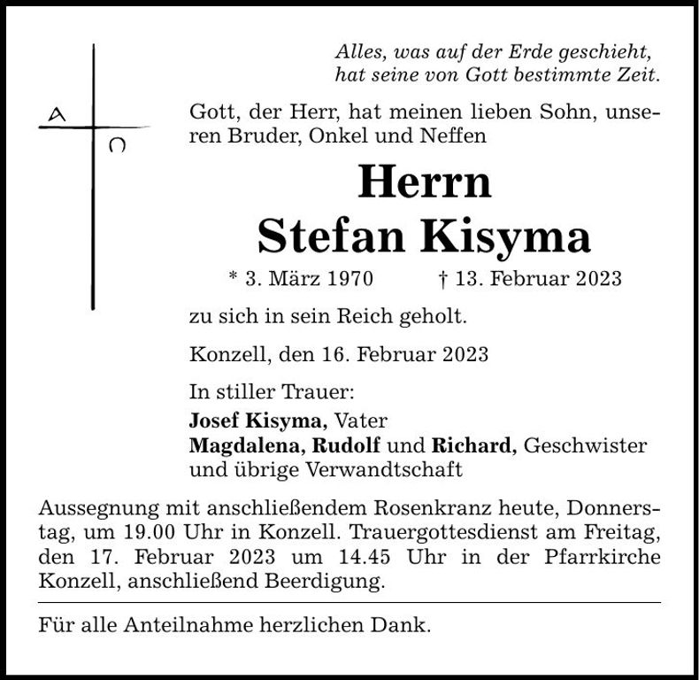 Traueranzeige Stefan Kisyma