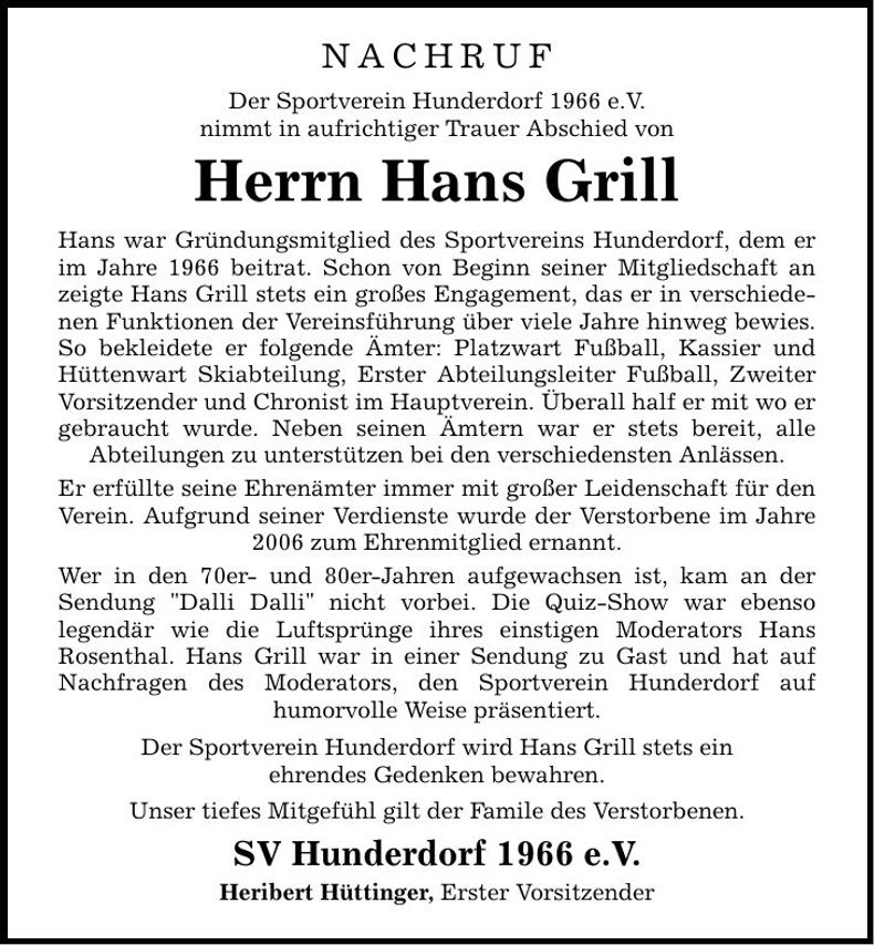 Traueranzeige Hans Grill