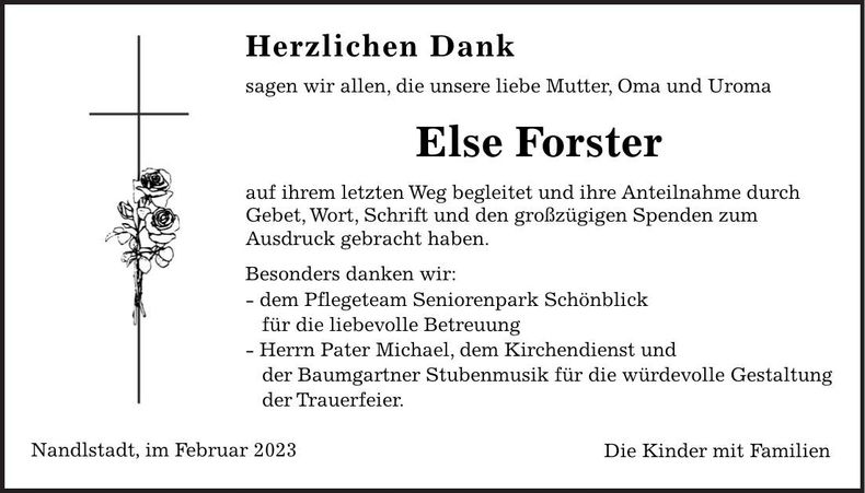 Traueranzeige Else Forster
