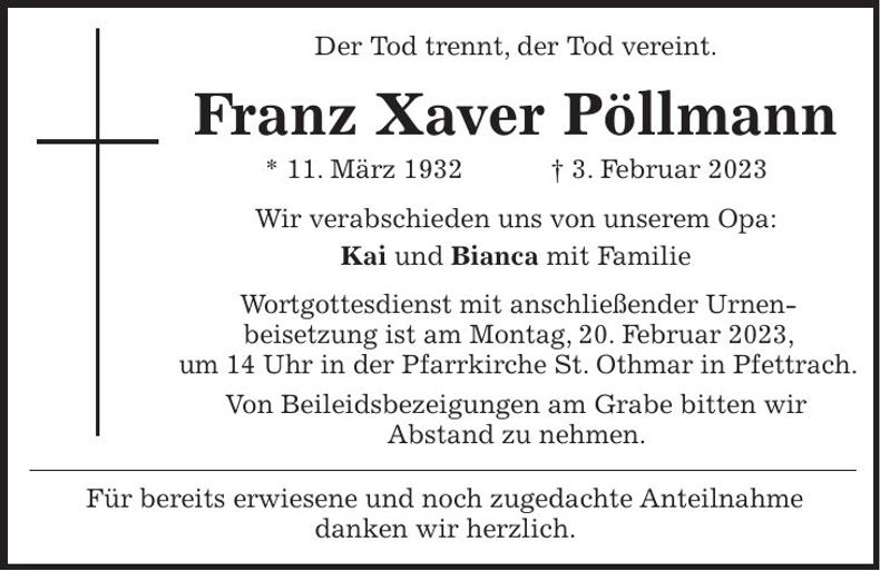 Traueranzeige Franz Xaver Pöllmann