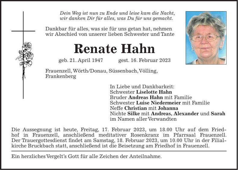 Traueranzeige Renate Hahn