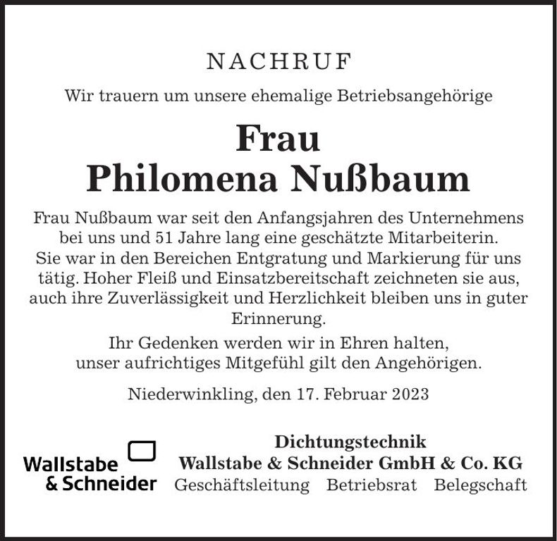 Traueranzeige Philomena Nussbaum