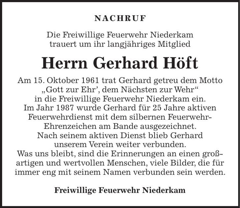 Traueranzeige Gerhard Höft
