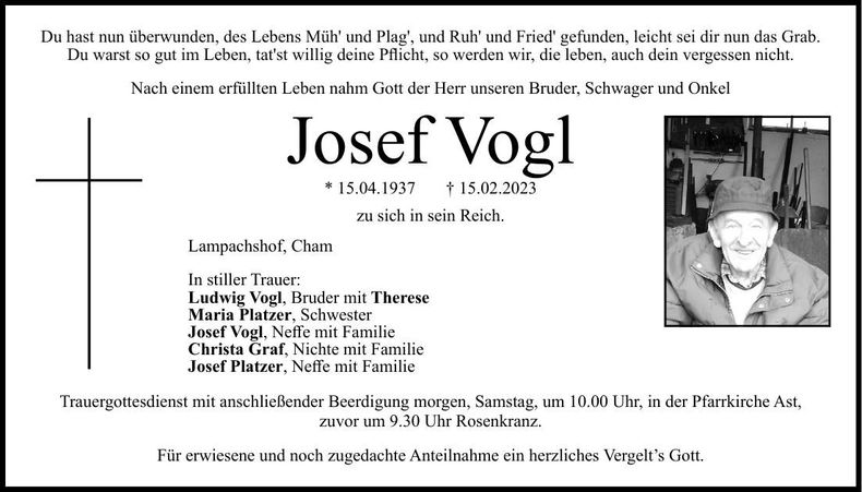 Traueranzeige Josef Vogl