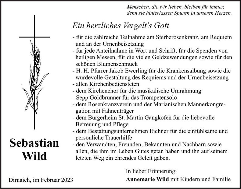 Traueranzeige Sebastian Wild