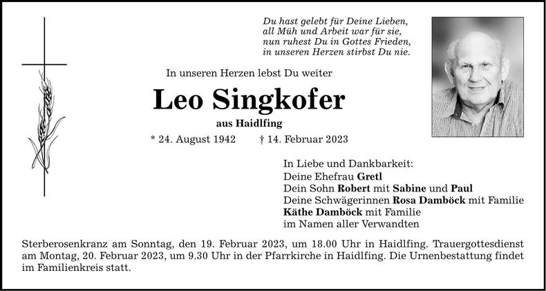 Traueranzeige Leo Singkofer
