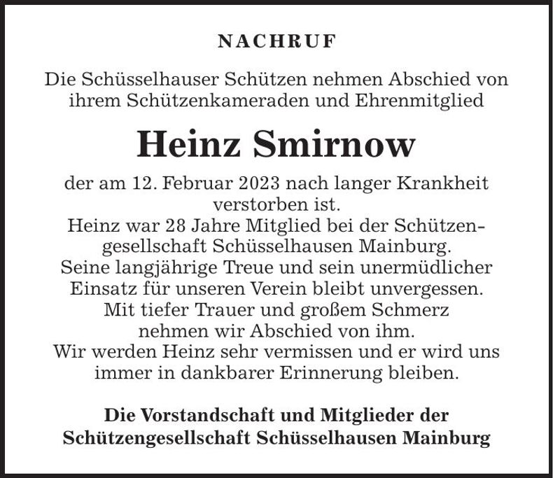 Traueranzeige Heinz Smirnow