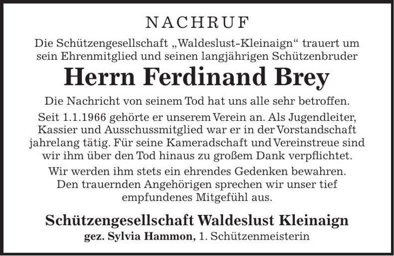 Traueranzeige Ferdinand Brey