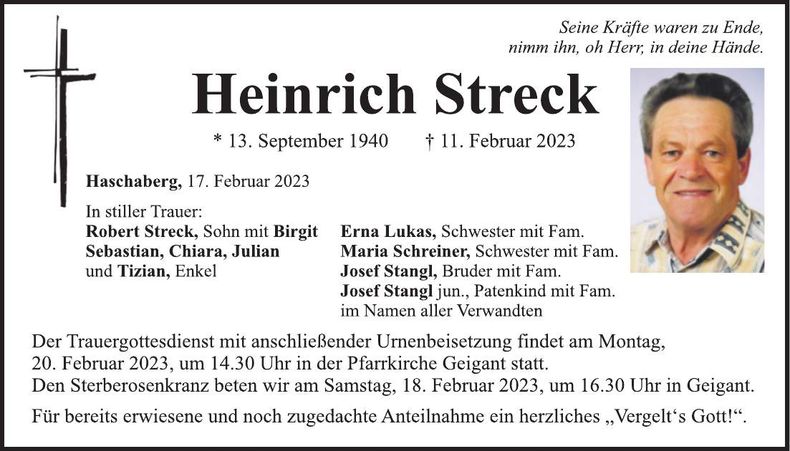 Traueranzeige Heinrich Streck