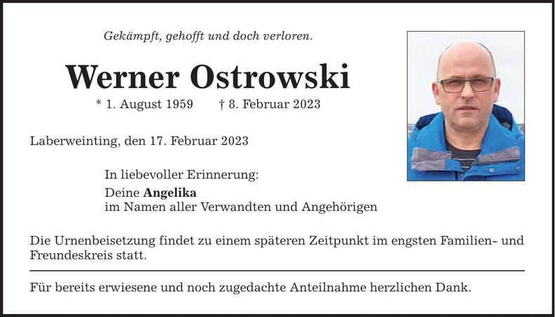 Traueranzeige Werner Ostrowski