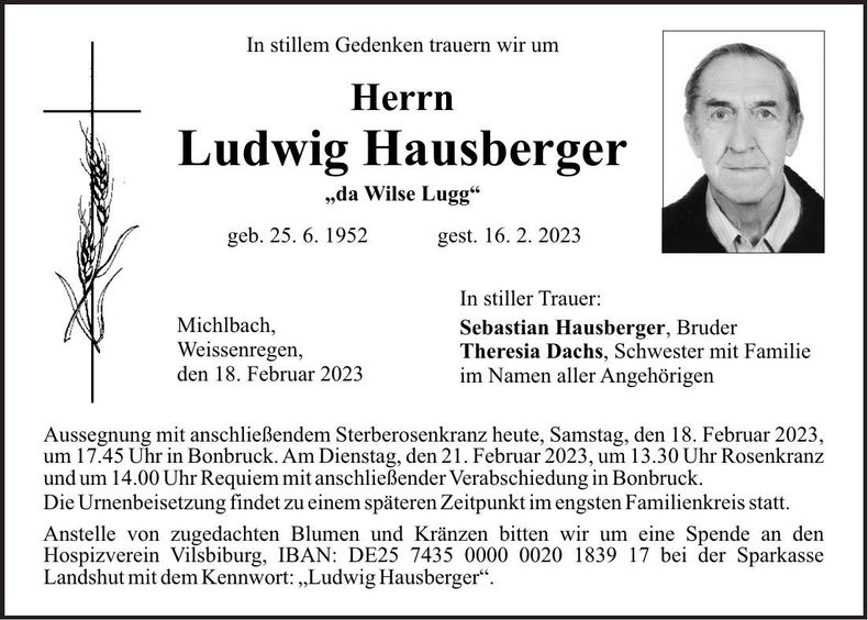 Traueranzeige Ludwig Hausberger