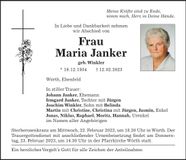 Traueranzeige Maria Janker