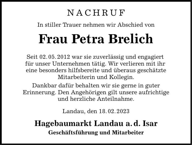 Traueranzeige Petra Brelich