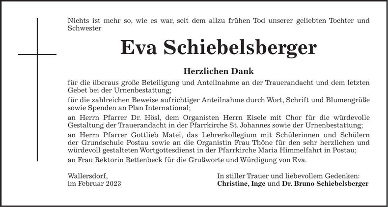 Traueranzeige Eva Schiebelsberger