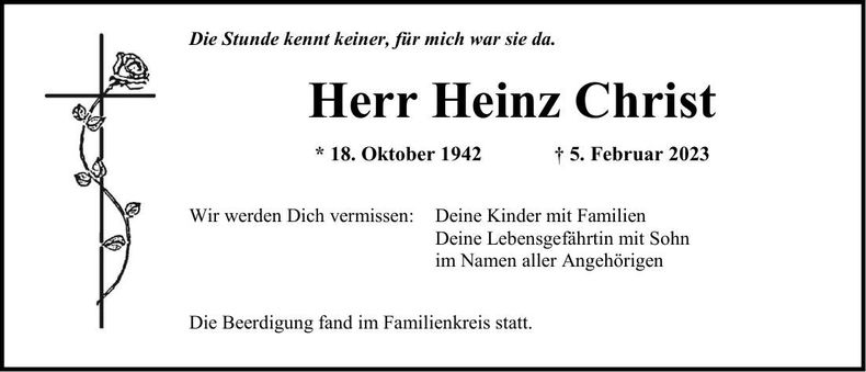 Traueranzeige Heinz Christ