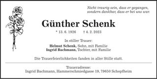 Traueranzeige Günther Schenk