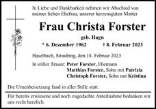 Traueranzeige Christa Forster