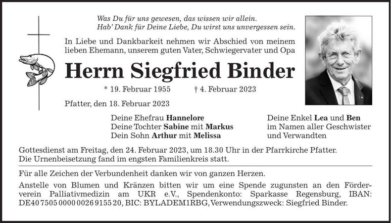 Traueranzeige Siegfried Binder
