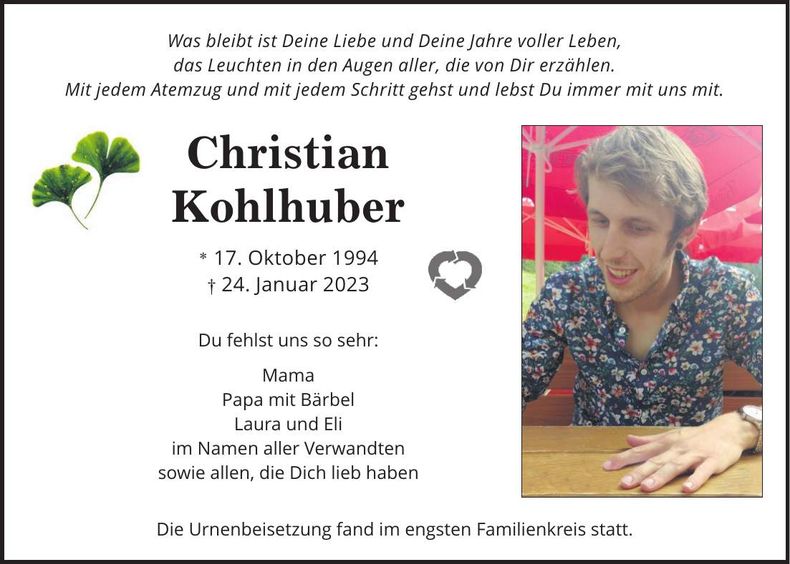 Traueranzeige Christian Kohlhuber