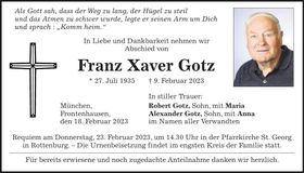 Traueranzeige Franz Xaver Gotz