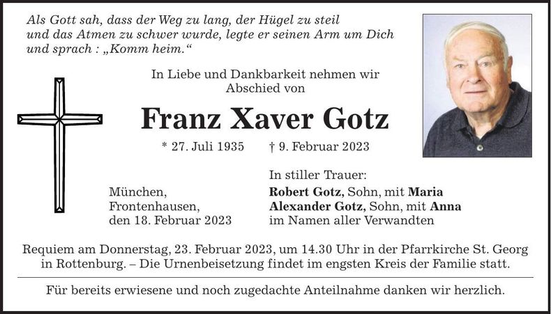 Traueranzeige Franz Xaver Gotz