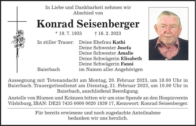Traueranzeige Konrad Seisenberger