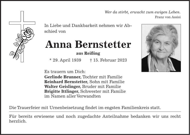 Traueranzeige Anna Bernstetter