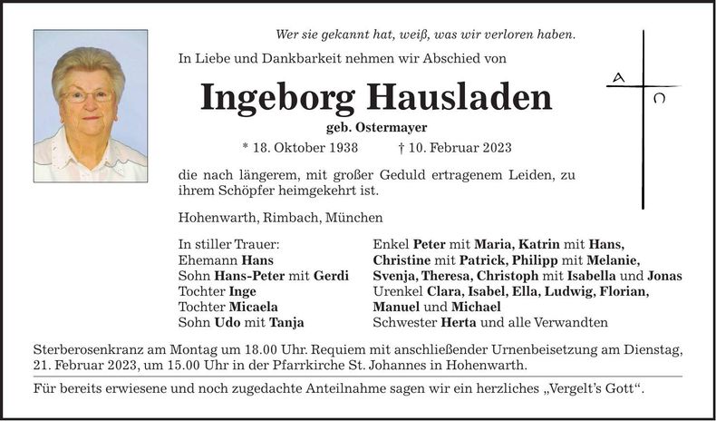 Traueranzeige Ingeborg Hausladen