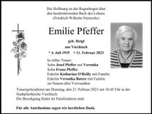Traueranzeige Emilie Pfeffer
