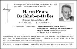 Traueranzeige Franz Bachhuber-Haller