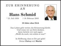 Traueranzeige Hans Schmid