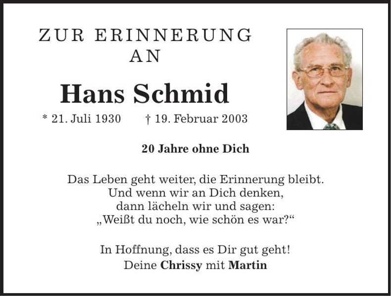 Traueranzeige Hans Schmid