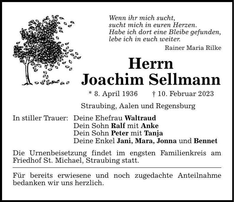 Traueranzeige Joachim Sellmann