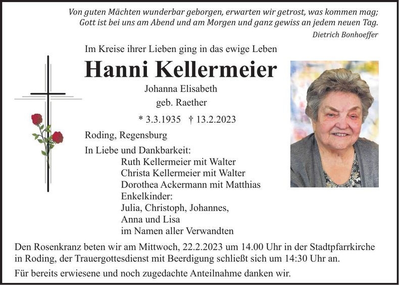 Traueranzeige Hanni Kellermeier